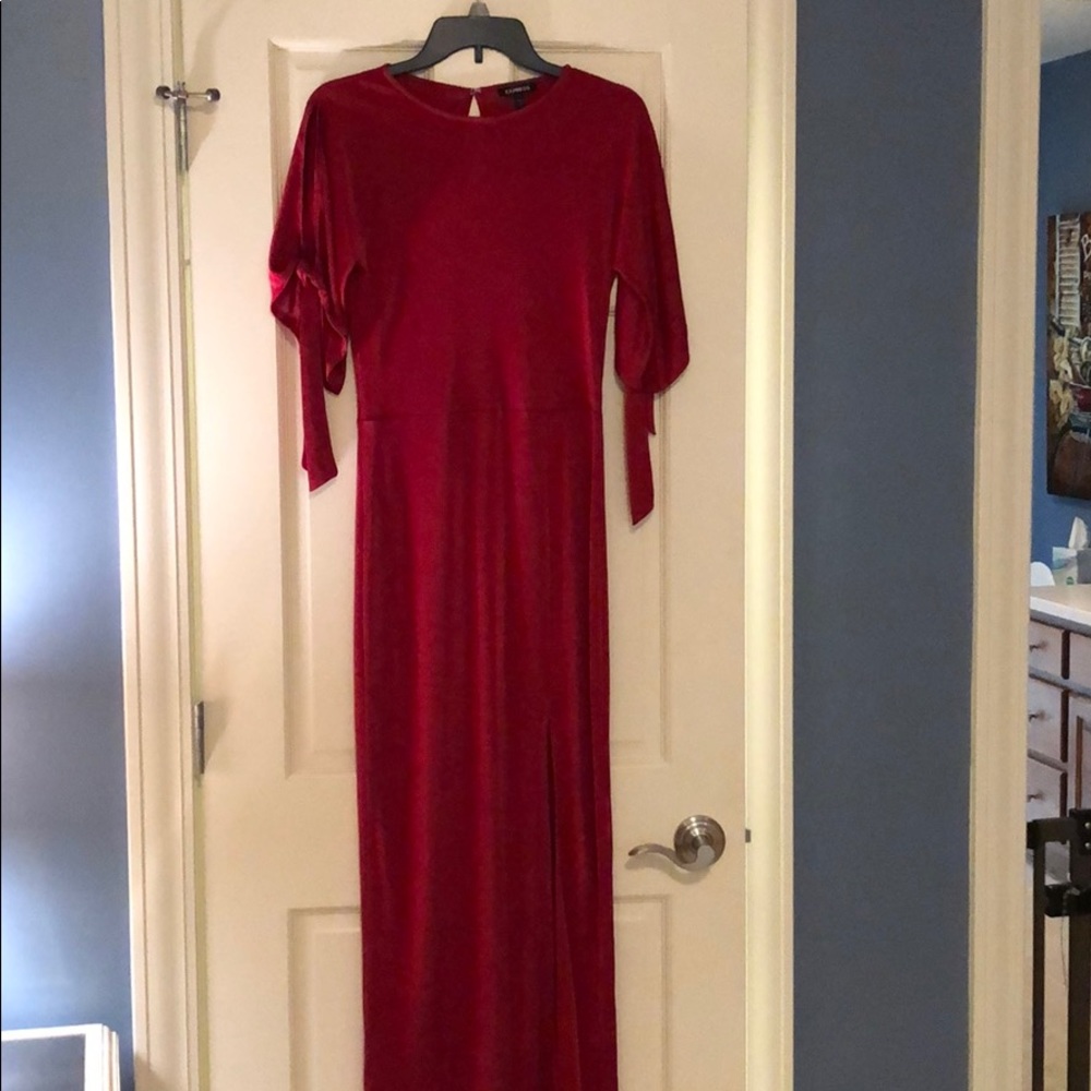 Long Red Dress with low side slit and tie sleeves